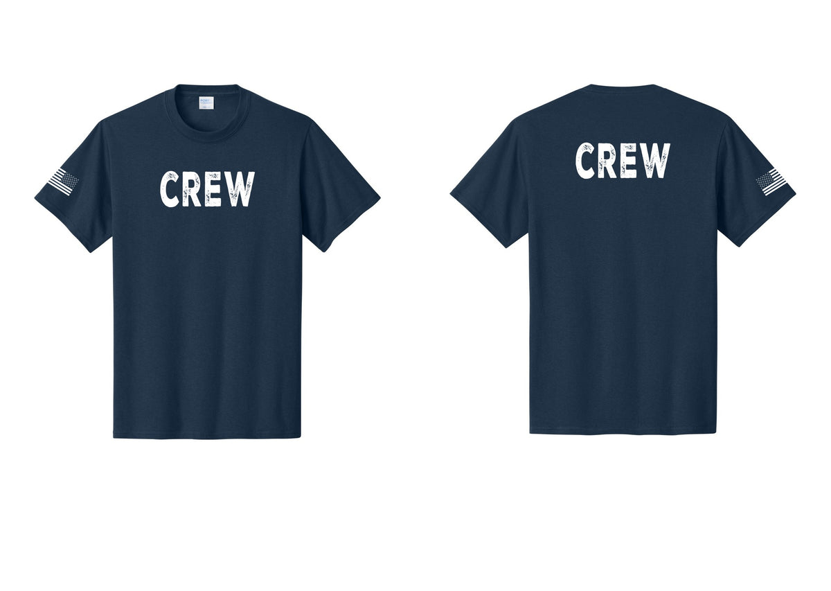 NYC Factory Crew T-Shirt, Rustic Lettering - Front + Back + US Flag Sleeve - Navy