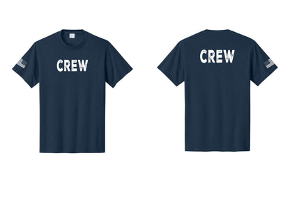 NYC Factory Crew T-Shirt for Event Staff & Production Teams (Rustic) - Front + Back + US Flag Sleeve - Navy