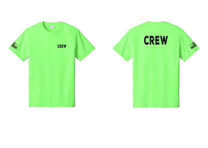 NYC Factory Crew T-Shirt, Rustic Lettering - Chest + Back + US Flag Sleeve - Neon Green
