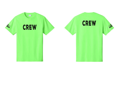 NYC Factory Crew T-Shirt, Rustic Lettering - Front + Back + US Flag Sleeve - Neon Green