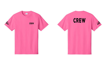 NYC Factory Crew T-Shirt, Rustic Lettering - Chest + Back + US Flag Sleeve - Neon Pink