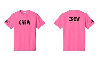 NYC Factory Crew T-Shirt, Rustic Lettering - Front + Back + US Flag Sleeve - Neon Pink