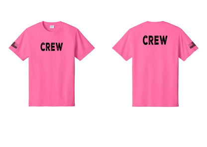 NYC Factory Crew T-Shirt for Event Staff & Production Teams (Rustic) - Front + Back + US Flag Sleeve - Neon Pink