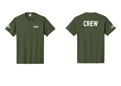 NYC Factory Crew T-Shirt for Event Staff & Production Teams (Rustic) - Chest + Back + US Flag Sleeve - Olive