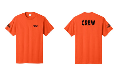 NYC Factory Crew T-Shirt, Rustic Lettering - Chest + Back + US Flag Sleeve - Orange