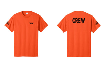 NYC Factory Crew T-Shirt for Event Staff & Production Teams (Rustic) - Chest + Back + US Flag Sleeve - Orange