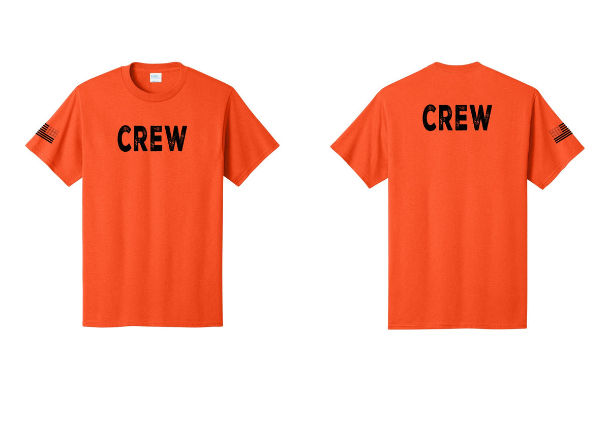 NYC Factory Crew T-Shirt, Rustic Lettering - Front + Back + US Flag Sleeve - Orange