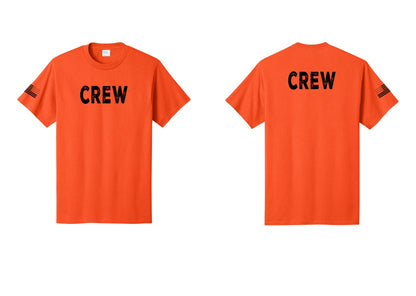 NYC Factory Crew T-Shirt, Rustic Lettering - Front + Back + US Flag Sleeve - Orange