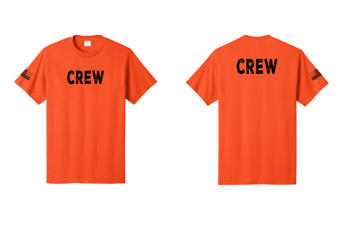 NYC Factory Crew T-Shirt for Event Staff & Production Teams (Rustic) - Front + Back + US Flag Sleeve - Orange