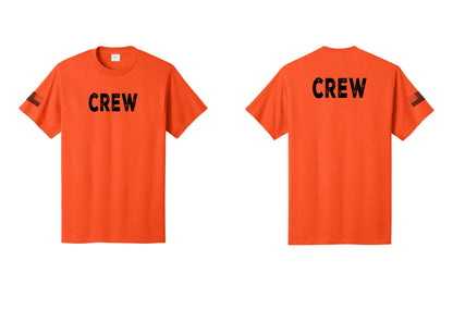 NYC Factory Crew T-Shirt for Event Staff & Production Teams (Rustic) - Front + Back + US Flag Sleeve - Orange