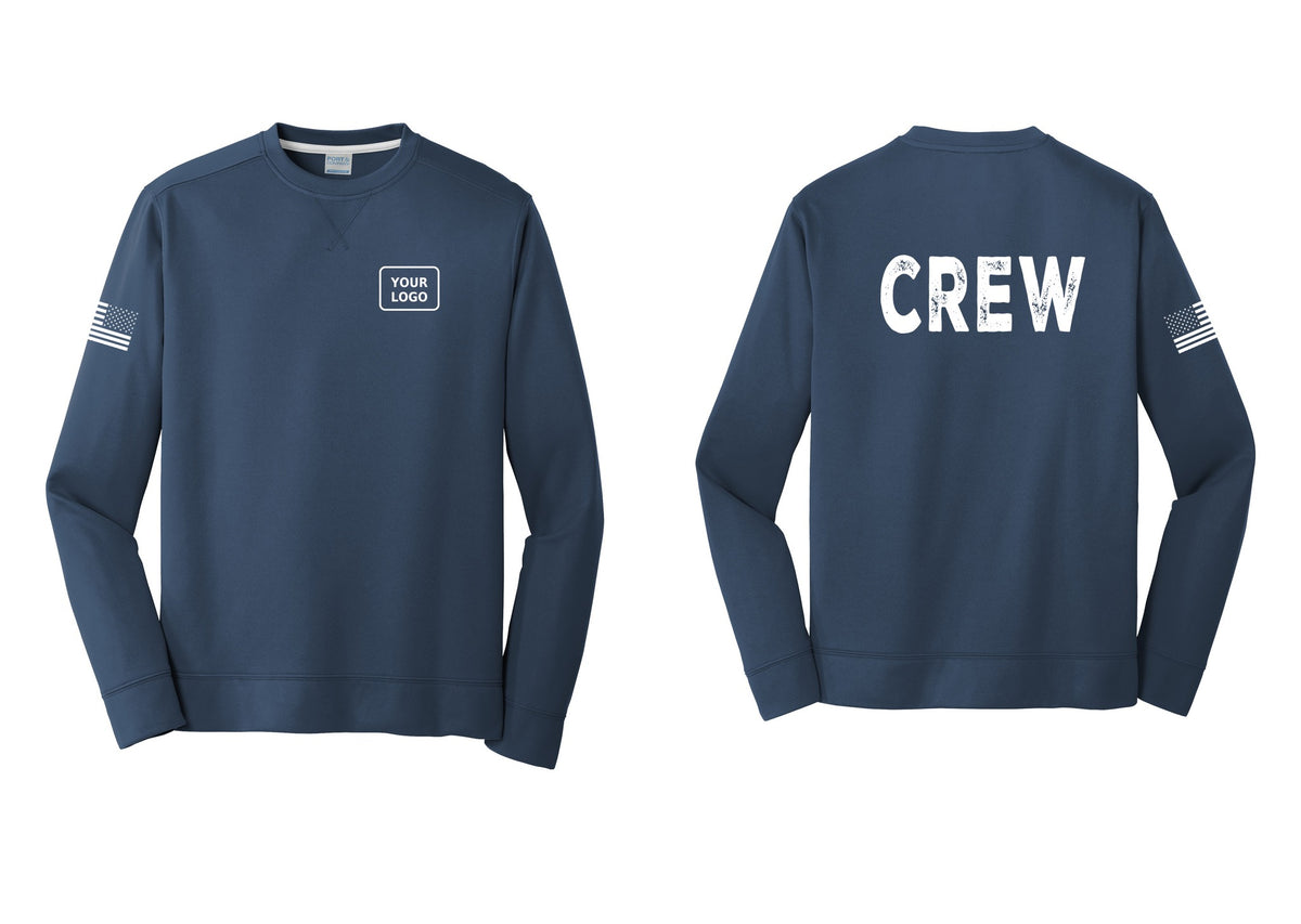 NYC Factory Custom Work Crew Uniform Performance Fleece Crewneck Sweatshirt with Your Logo (Rustic) - Your Logo + Back + US Flag Sleeve - Navy