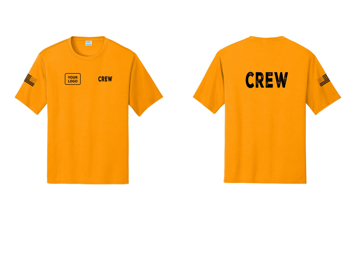 NYC Factory Custom Work Crew Uniform Performance Tee with Your Logo (Rustic) - CREW + Your Logo + Back + US Flag Sleeve - Gold