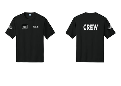NYC Factory Custom Work Crew Uniform Performance Tee with Your Logo (Rustic) - CREW + Your Logo + Back + US Flag Sleeve - Black