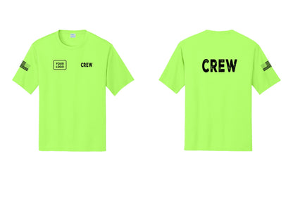 NYC Factory Custom Work Crew Uniform Performance Tee with Your Logo (Rustic) - CREW + Your Logo + Back + US Flag Sleeve - Neon Green
