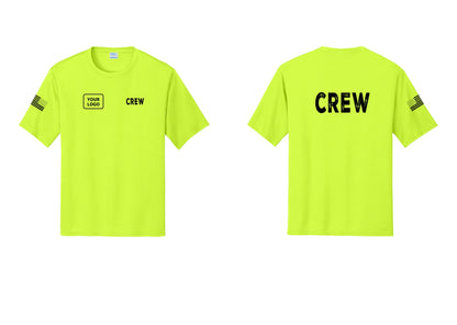 NYC Factory Custom Work Crew Uniform Performance Tee with Your Logo (Rustic) - CREW + Your Logo + Back + US Flag Sleeve - Neon Yellow