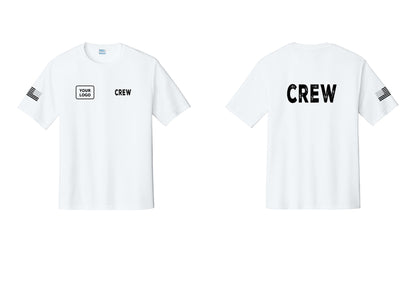 NYC Factory Custom Work Crew Uniform Performance Tee with Your Logo (Rustic) - CREW + Your Logo + Back + US Flag Sleeve - White