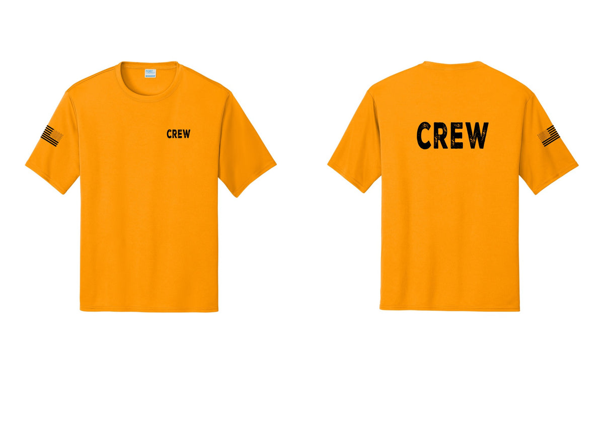 NYC Factory Crew Performance T-Shirt for Event Staff & Production Teams (Rustic) - Chest + Back + US Flag Sleeve - Gold
