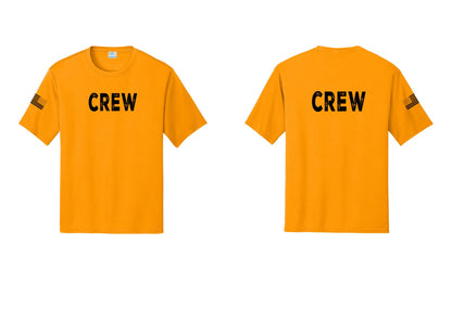 NYC Factory Crew Performance T-Shirt for Event Staff & Production Teams (Rustic) - Front + Back + US Flag Sleeve - Gold