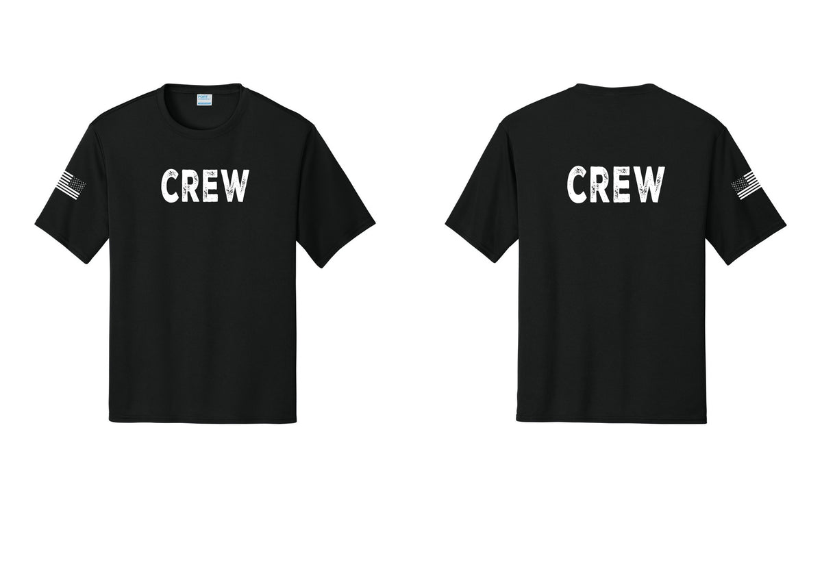 NYC Factory Crew Performance T-Shirt for Event Staff & Production Teams (Rustic) - Front + Back + US Flag Sleeve - Black