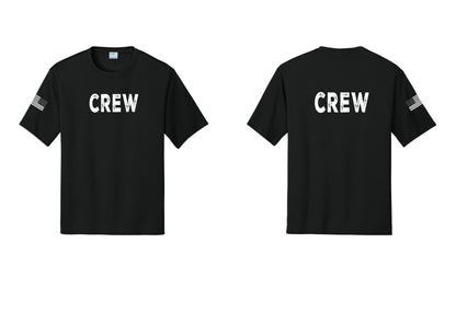 NYC Factory Crew Performance T-Shirt for Event Staff & Production Teams (Rustic) - Front + Back + US Flag Sleeve - Black