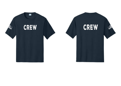 NYC Factory Crew Performance T-Shirt for Event Staff & Production Teams (Rustic) - Front + Back + US Flag Sleeve - Navy