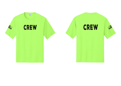 NYC Factory Crew Performance T-Shirt for Event Staff & Production Teams (Rustic) - Front + Back + US Flag Sleeve - Neon Green