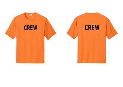 NYC Factory Crew Performance T-Shirt for Event Staff & Production Teams (Rustic) - Front + Back - Neon Orange