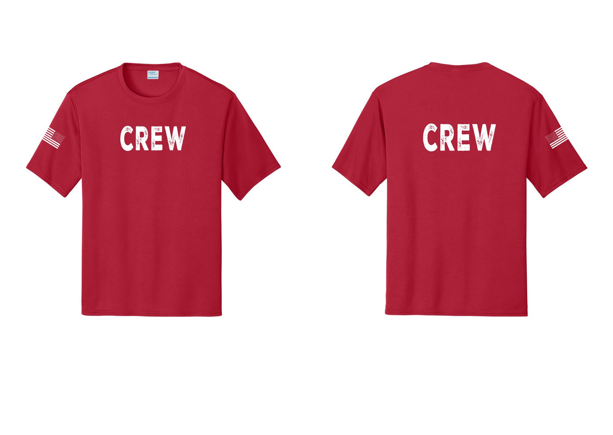 NYC Factory Crew Performance T-Shirt for Event Staff & Production Teams (Rustic) - Front + Back + US Flag Sleeve - Red