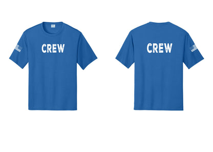 NYC Factory Crew Performance T-Shirt for Event Staff & Production Teams (Rustic) - Front + Back + US Flag Sleeve - Royal
