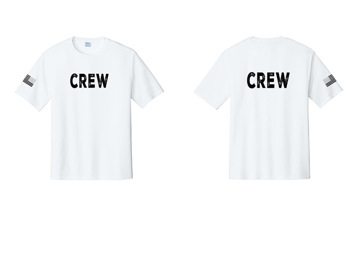 NYC Factory Crew Performance T-Shirt for Event Staff & Production Teams (Rustic) - Front + Back + US Flag Sleeve - White