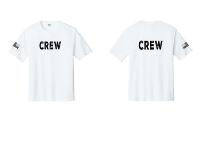 NYC Factory Crew Performance T-Shirt for Event Staff & Production Teams (Rustic) - Front + Back + US Flag Sleeve - White