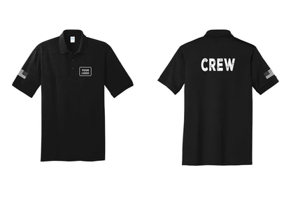 NYC Factory Custom Work Crew Uniform Polo Shirt with Your Logo (Rustic) - Your Logo + Back + US Flag Sleeve - Black