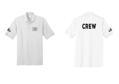 NYC Factory Custom Work Crew Uniform Polo Shirt with Your Logo (Rustic) - Your Logo + Back + US Flag Sleeve - White