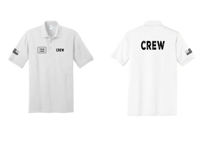 NYC Factory Custom Work Crew Uniform Polo Shirt with Your Logo (Rustic) - CREW + Your Logo + Back + US Flag Sleeve - White