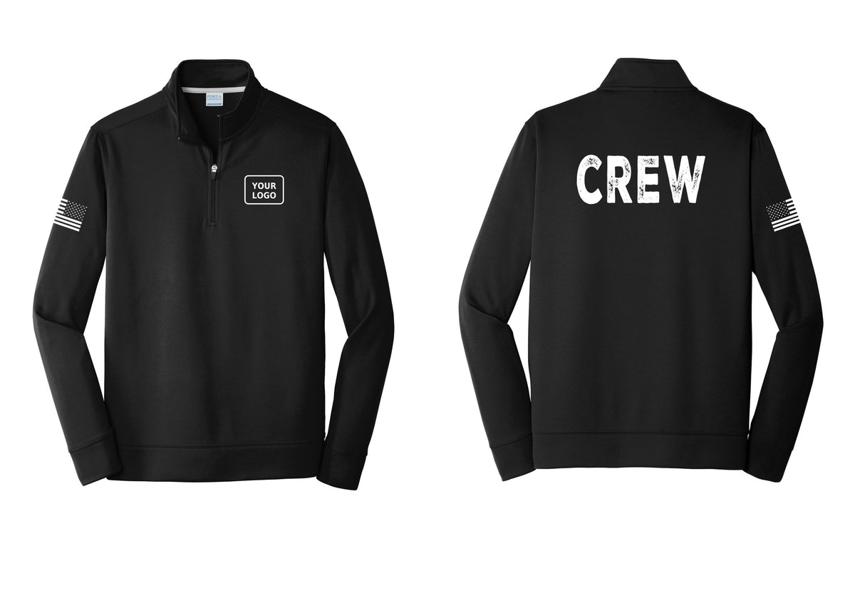 NYC Factory Custom Work Crew Uniform Performance Fleece 1/4-Zip Pullover Sweatshirt with Your Logo (Rustic) - Your Logo + Back + US Flag Sleeve - Black