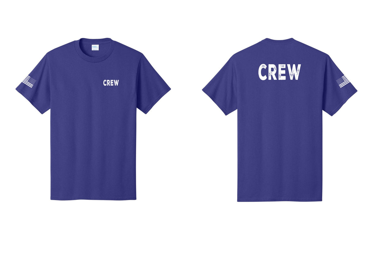 NYC Factory Crew T-Shirt, Rustic Lettering - Chest + Back + US Flag Sleeve - Purple