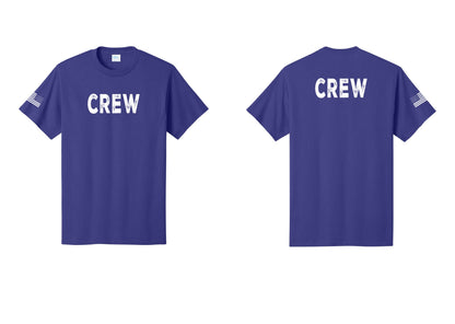 NYC Factory Crew T-Shirt, Rustic Lettering - Front + Back + US Flag Sleeve - Purple