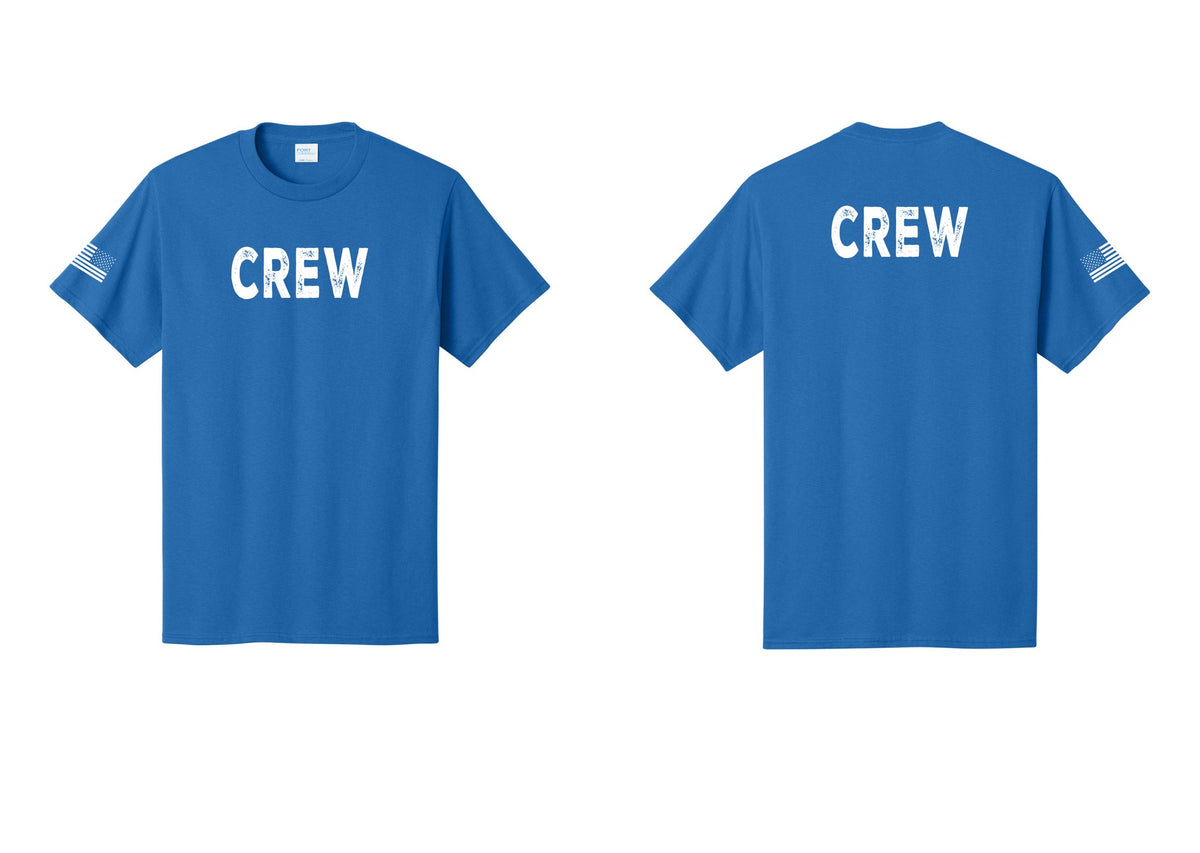 NYC Factory Crew T-Shirt, Rustic Lettering - Front + Back + US Flag Sleeve - Royal
