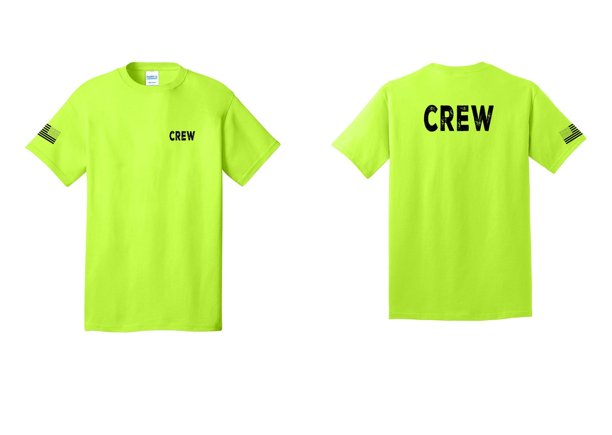 NYC Factory Crew T-Shirt, Rustic Lettering - Chest + Back + US Flag Sleeve - Safety Green