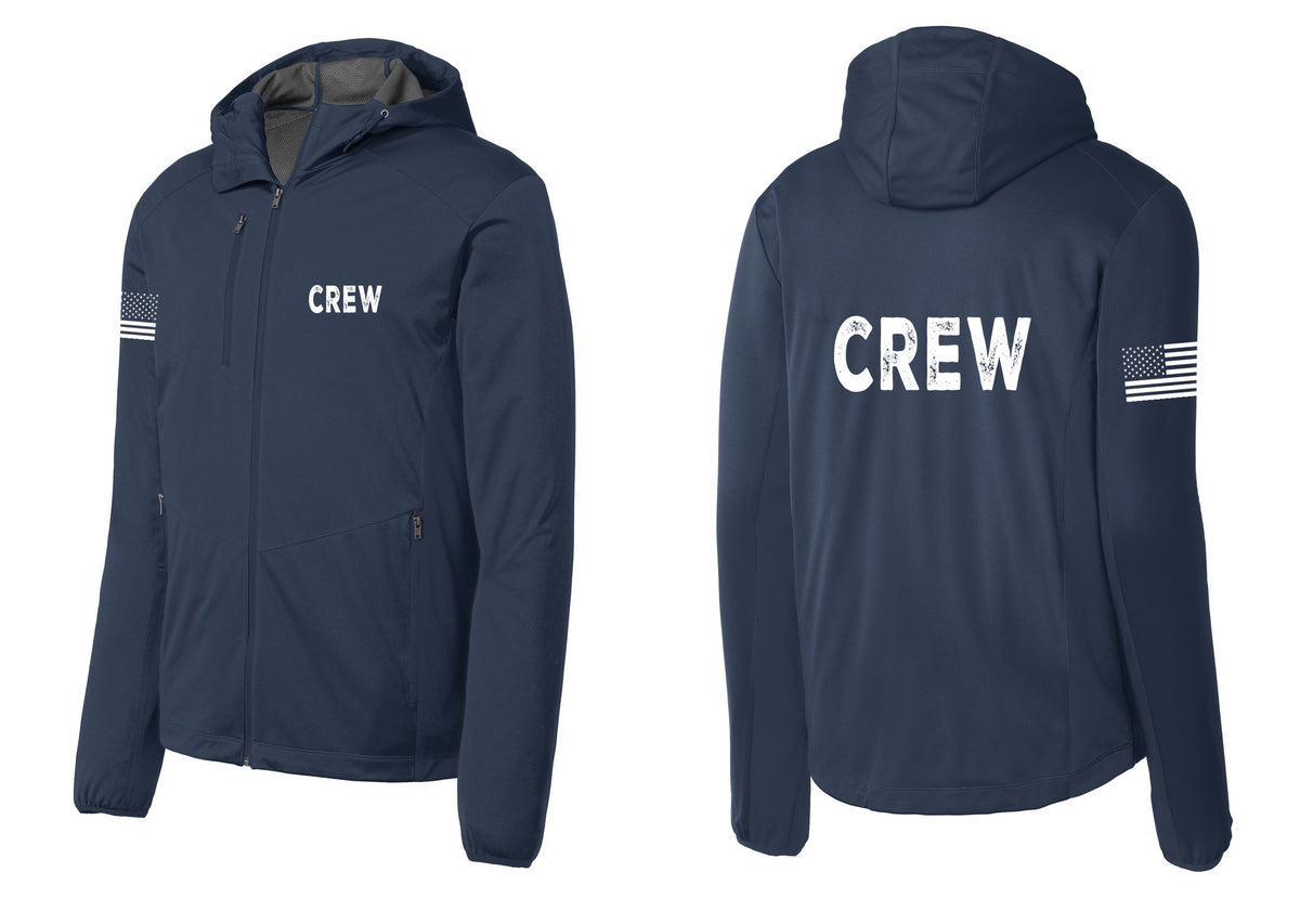 NYC Factory Crew Soft Shell Hooded Jacket for Event Staff & Production Teams (Rustic) - Chest + Back + US Flag Sleeve - Dress Blue Navy