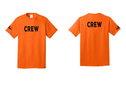 NYC Factory Crew T-Shirt, Rustic Lettering - Front + Back + US Flag Sleeve - Safety Orange