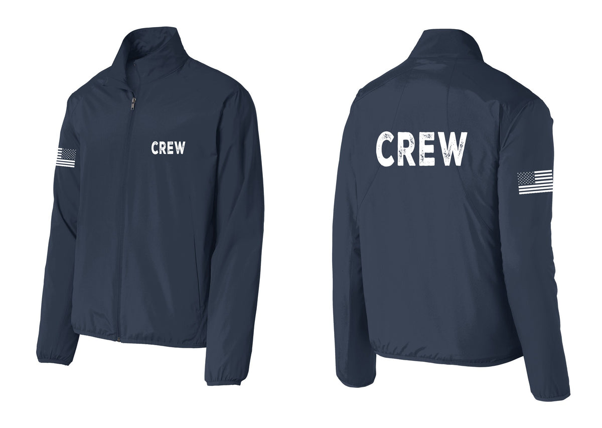 NYC Factory Crew Windbreaker Full-Zip Jacket for Event Staff & Production Teams (Rustic) - Chest + Back + US Flag Sleeve - Dress Blue Navy