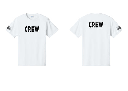NYC Factory Crew T-Shirt, Rustic Lettering - Front + Back + US Flag Sleeve - White