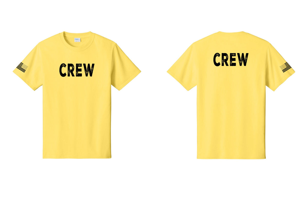 NYC Factory Crew T-Shirt, Rustic Lettering - Front + Back + US Flag Sleeve - Yellow