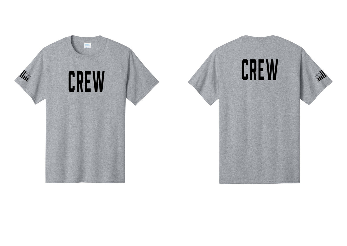NYC Factory Crew T-Shirt, Condensed Lettering - Front + Back + US Flag Sleeve - Athletic Heather