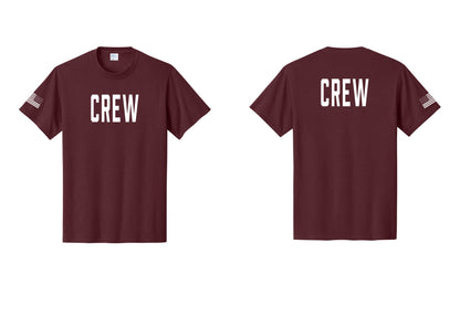 NYC Factory Crew T-Shirt, Condensed Lettering - Front + Back + US Flag Sleeve - Athletic Maroon