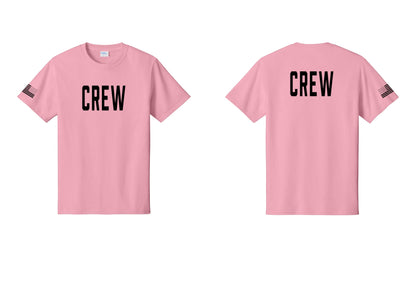 NYC Factory Crew T-Shirt, Condensed Lettering - Front + Back + US Flag Sleeve - Candy Pink