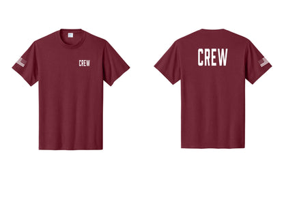 NYC Factory Crew T-Shirt, Condensed Lettering - Chest + Back + US Flag Sleeve - Cardinal