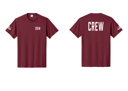 NYC Factory Crew T-Shirt for Event Staff & Production Teams (Classic) - Chest + Back + US Flag Sleeve - Cardinal