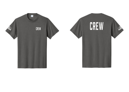 NYC Factory Crew T-Shirt, Condensed Lettering - Chest + Back + US Flag Sleeve - Charcoal